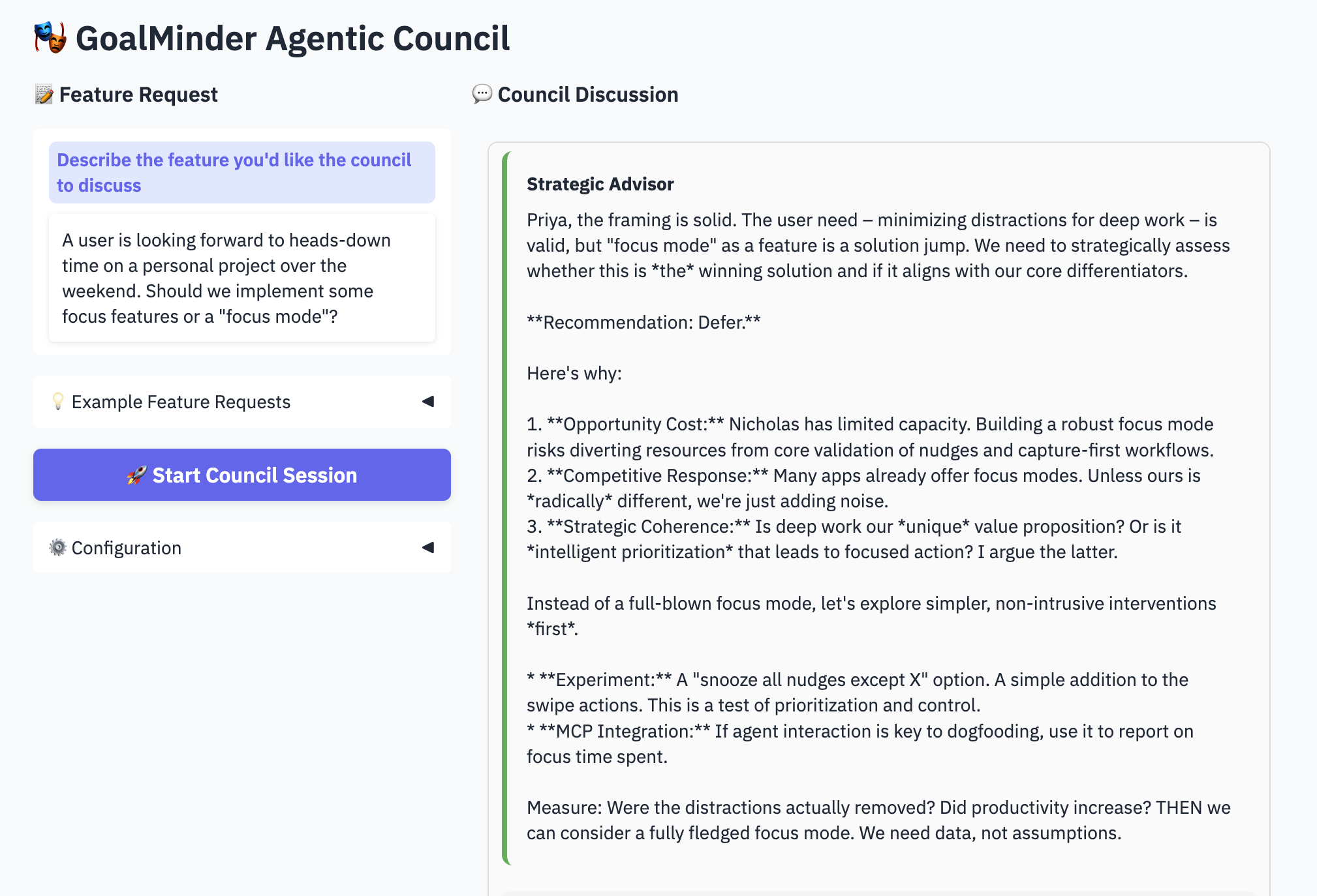 Screenshot of the result of a Council deliberation about a new “focus” feature for the goal management app GoalMinder.