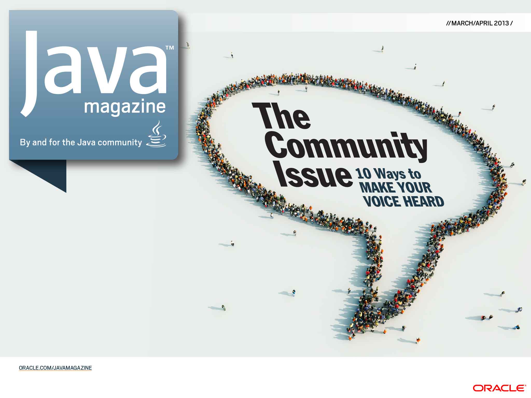 Cover with a speech bubble formed by tiny figures; a minimal design representing community voice.